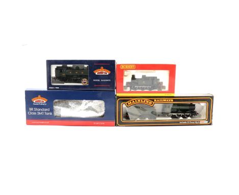 OO gauge model railway locomotives, four including Hornby R2679 GWR 0-6-0 class AIX; Bachmann 31-975A BR standard class 3MT 8