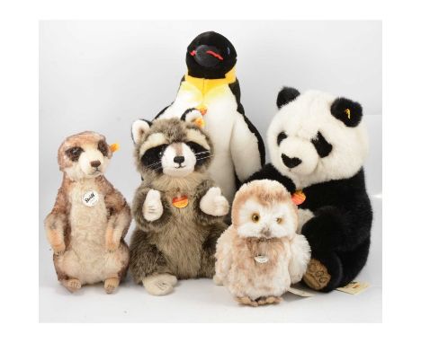 Steiff Germany, five animal toys including penguin 'Charly', 45cm; Panda 35, 37cm; Meerkat 'Mungo', 30cm; Waschbar 30 Caccoon