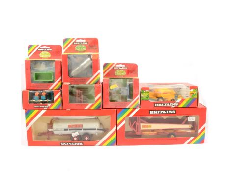 Britains Farm toys, eight attachments including ref 9563 Vacuum tanker; 9534 bail transporter; 9556 baler; 9543 push-off buck