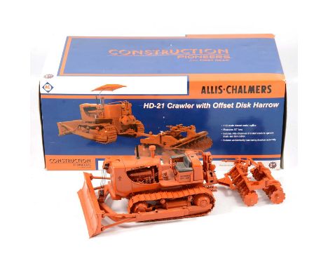 Construction Pioneers from First Gear 1:25 scale model Allis-Chambers HD-21 Crawler with offset disk harrow, boxed.