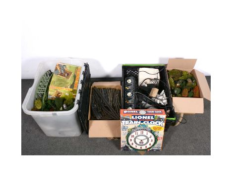 OO gauge model railway accessories, three boxes including controllers, trees; Merit tunnel, boxed; track; and quantity of car