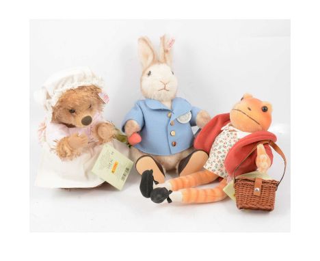 Steiff Germany, three Beatrix Potter toys including Mrs Tiggy-Winkle, no.136/1500; Mr Jeremy Fisher no.1482; Peter Rabbit, no