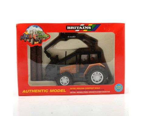 Britains Farm toy, ref 9516 Valmet logging tractor with working grab and three logs, orange body, boxed.