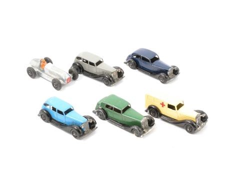 Dinky Toys die-cast model cars, six loose including 30c Daimler; 23c Mercedes-Benz; 30f ambulance; two 30a Armstrong Siddeley