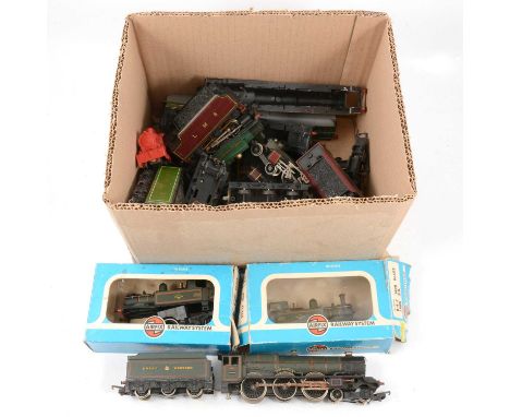 OO gauge model railway locomotive spares, one box of loose chassis, motors, bodies and tenders, and some complete models that
