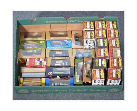 Solido, Brumm and other models, thirty-one various cars; two Majorette coach models; Budgie Routemaster bus, all boxed. 