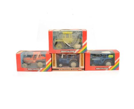 Britains Farm toys, four tractors including ref 9524 Ford 6600; 9523 Ford TW20; 9527 Fiat 880DT (incorrect box); 9525 Mercede