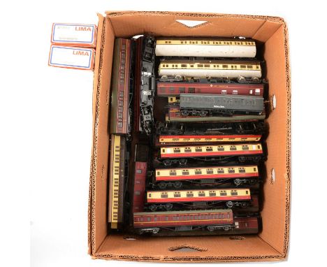 OO gauge model railway passenger coaches, one box of various types and makers including Lima, Mainline, Airfix and others, tw