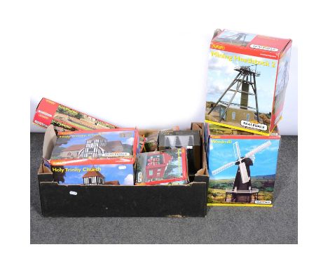 OO gauge model railway track-side buildings and scenery, including Hornby Skaledale &amp; District bus depot; Normoyle Folly;