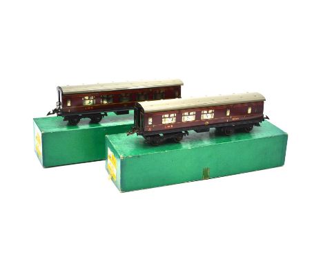 Hornby O gauge model railway passenger coaches, two including no.2 LMS corridor coach 3888 and LMS composite brake coach 6844