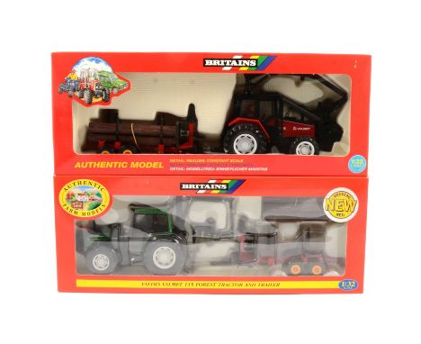 Britains Farm toys, two including ref 9627 Valmet 805 logging tractor and trailer; 09461 Valtra Valmet 115 forest tractor and