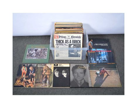 Mixed vinyl LP music records, sixty-three including Jethro Tull; Bob Dylan; The Beatles; Richard Thompson; Woody Guthrie; The