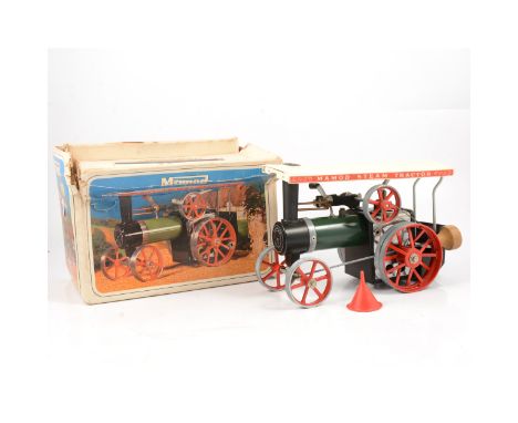 Mamod live steam tractor TE1a Showman's traction engine, with burner, funnel, scuttle and driving rod, boxed.