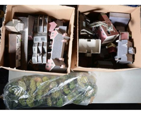 Large quantity of OO gauge model railway track-side building and tree, mostly cardboard Super-quick, two boxes.