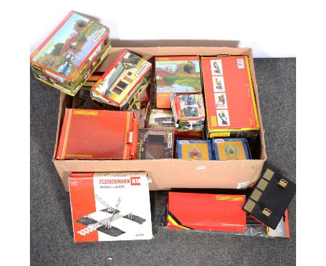 OO gauge model railway track-side buildings and accessories, one tray including Hornby Canal Bridge; Dutch Barn; Farm tractor