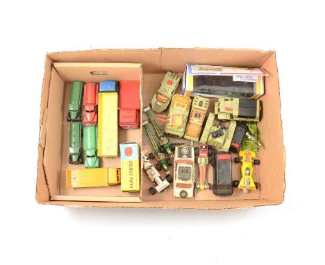 Die-cast model cars and vehicles, one box of loose examples including Dinky Toys Leyland Octopus; Guy van; 25d petrol tankers