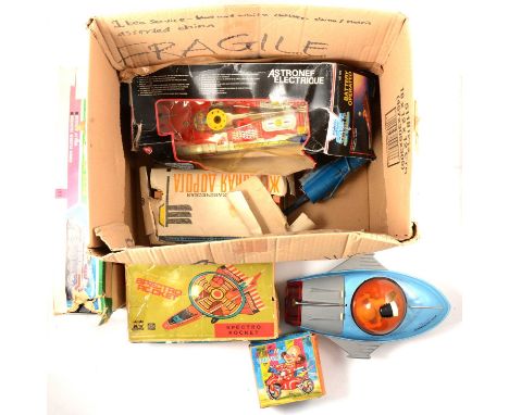 Tinplate and battery-operated toys; including Bandai Mercedes Benz 300SL Coupe; Girnar Spectro Rocket, boxed; Space Commander