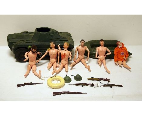 A quantity of Action Man dolls, various clothes and equipment, tank and RIB boat (1 box)&nbsp;