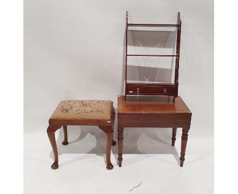 20th century mahogany hanging shelf with two shelves and one drawer, a rectangular stool on cabriole legs with embroidered se