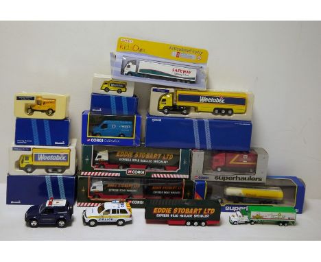 Box of mainly Corgi boxed and unboxed diecast models to include 'Corgi Eddie Stobart Ltd 59510 Volvo short wheelbase lorry wi