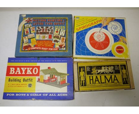 Bayko building outfit no.12, boxed, Spirograph, Monopoly, Halma and other boxed and various toys (2 boxes) 