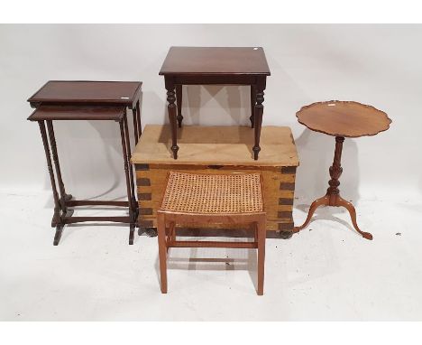 Vintage pine trunk on castors, a nest of two tables, an occasional table, a cane-seated stool and one further coffee table (5