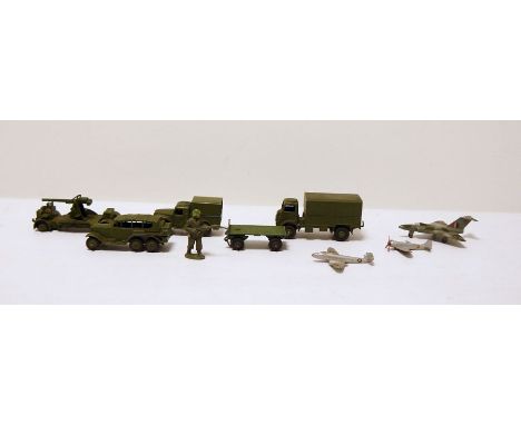 Quantity of loose diecast military Dinky toys to include 641 Army 1 Ton Cargo Truck, 623 Army Wagon, 735 Gloster Javelin, Tem