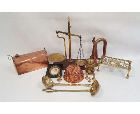 Pair of brass balance scales&nbsp;on rectangular mahogany base, a copper jelly mould, a brass trivet, a miniature portrait&nb