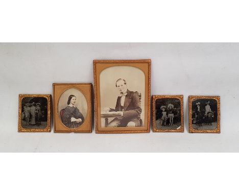Three early 20th century glass plate photographs of scenes from a family holiday in Whitby and two other portrait photographs