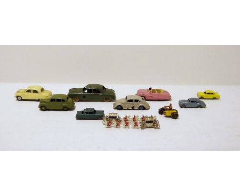 Quantity of loose Dinky Toys and others to include Dinky Toys pink Austin Atlantic, Matchbox Lesney No.44 Rolls Royce Silver 