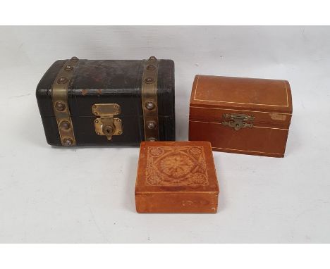 Victorian leather jewellery box modelled as a trunk with brass mounts and two further leather boxes (3) 