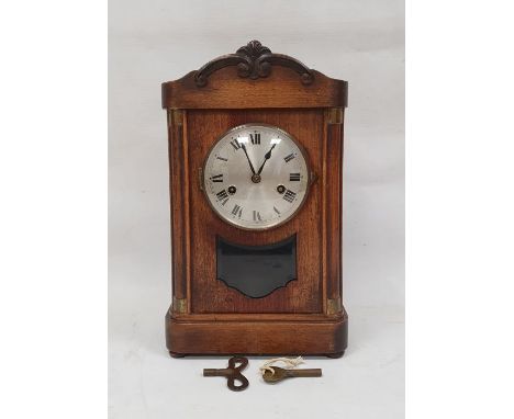 Early 20th century mahogany bracket clock&nbsp;with Roman numerals to the steel dial, on plinth base&nbsp;