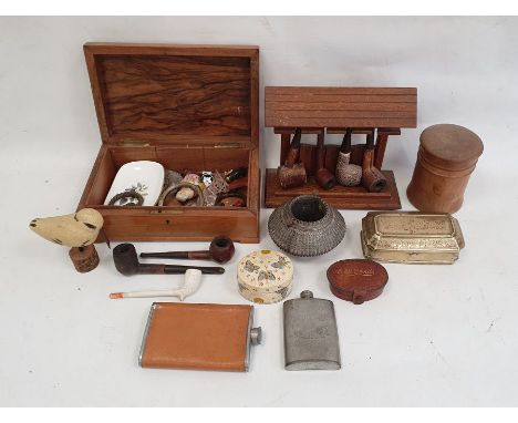 African metal bangle cuff with brass pins, an oak pipe rack, an engraved brass box, a hardwood box and other items