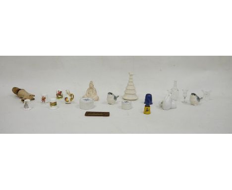 Assorted decorated glass and china wares to include miniature bird models, small Royal Copenhagen patch pot, a glass decanter