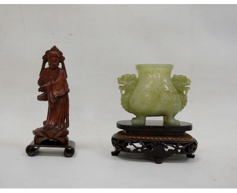 Chinese jade censer, dog of Fo mask handles, and raised on four feet, together with a carved wood figure (2)Condition ReportH