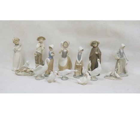 Collection of mainly Nao china figurines, a Lladro group of lamb with cheetah 6926 and a Lladro model of goose (14) 