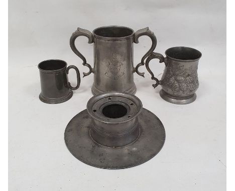 Two-handled pewter mug with presentation inscription for 'Clare College Junior Trial Eights 1889', two further pewter mugs an