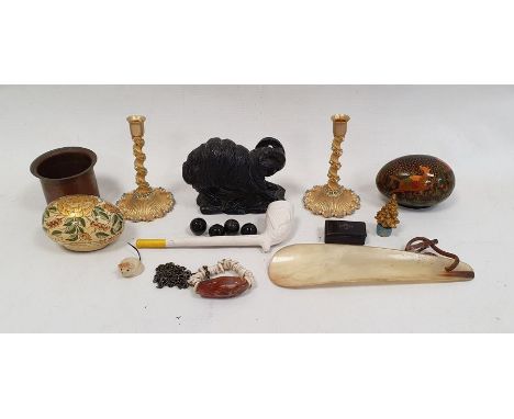 Pair of small gilt metal candlesticks, a 19th century papier-mache snuff box with pewter inlay, a clay pipe and various other