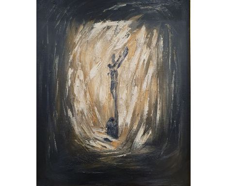 Possibly by John Hutton (1906-1978)Oil on canvasFigure kneeling beneath Christ on the Cross, signed J. Hutton and dated 1957 