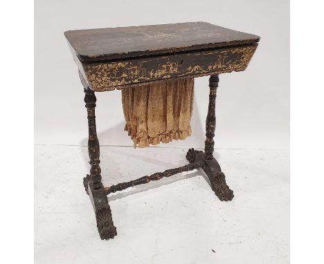 Victorian japanned work table, the rectangular top with raised lacquerwork enclosing various compartments and bobbin spool, w