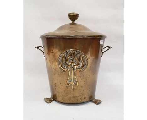 Early 20th century brass coal scuttle of two-handled bucket form with stylised Art Nouveau decoration, 46cm high, a brass oil