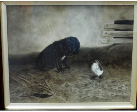 Late 19th century school, an unusual monochrome study of a black spaniel and a chick in a barn interior setting, possibly on 