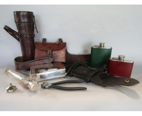 Good quality silver plate and glass hunting flask within a leather case by Roxton Sporting, together with a further silver-pl