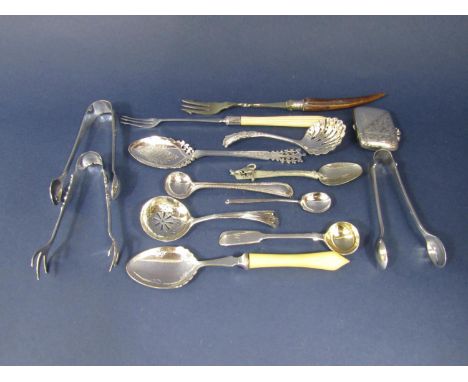 Small quantity of silver flatware comprising two sugar tongs, Albany handled caddy spoon, further small coffee type spoon, to
