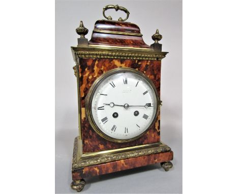 Good quality 19th century French tortoiseshell small bracket clock, the case with ormolu banding and cherub heads, the 11cm c
