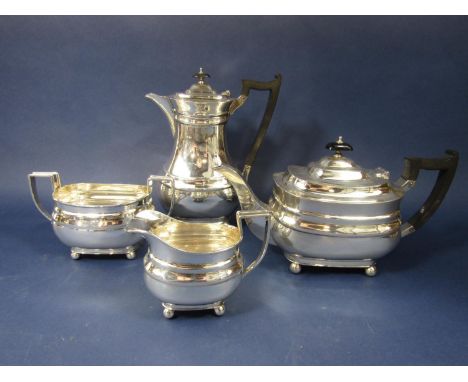 Good 1950s Georgian style four piece boat shaped tea service comprising teapot, water pot, milk jug, sucrier on four ball fee