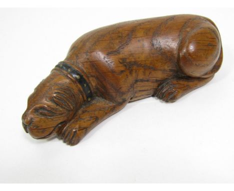 Naive 19th century carved oak snuff box in the form of a sleeping dog, 13cm 