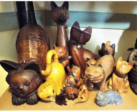 a mixed collection of 15 20th century cats in timber, ceramic, paper mache etc (15)