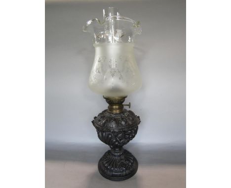 Black metal lamp, nicely decorated Chimney by Sun Brand. Danish font. Matador burner with flame spreader , tulip design shade