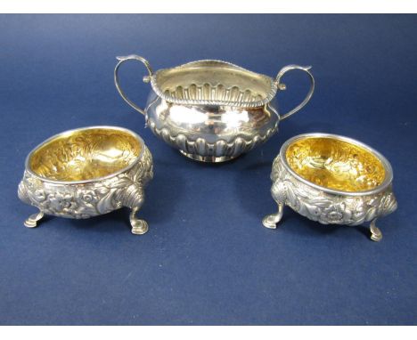 Silver twin handled dish/sucrier with half fluted decoration, hallmarks worn, 14 cm wide, together with a pair of Georgian si